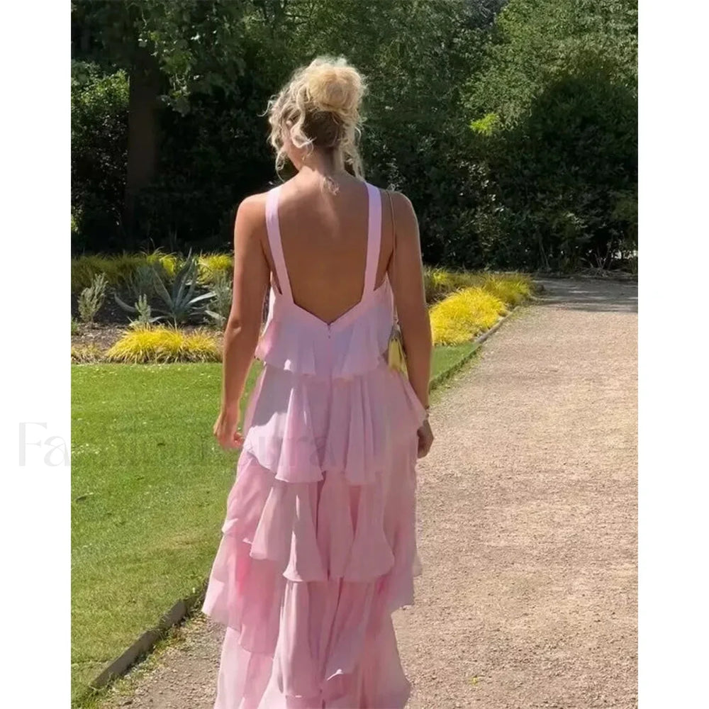Sexy Backless Layered Ruffles Floral Dress Pink / S