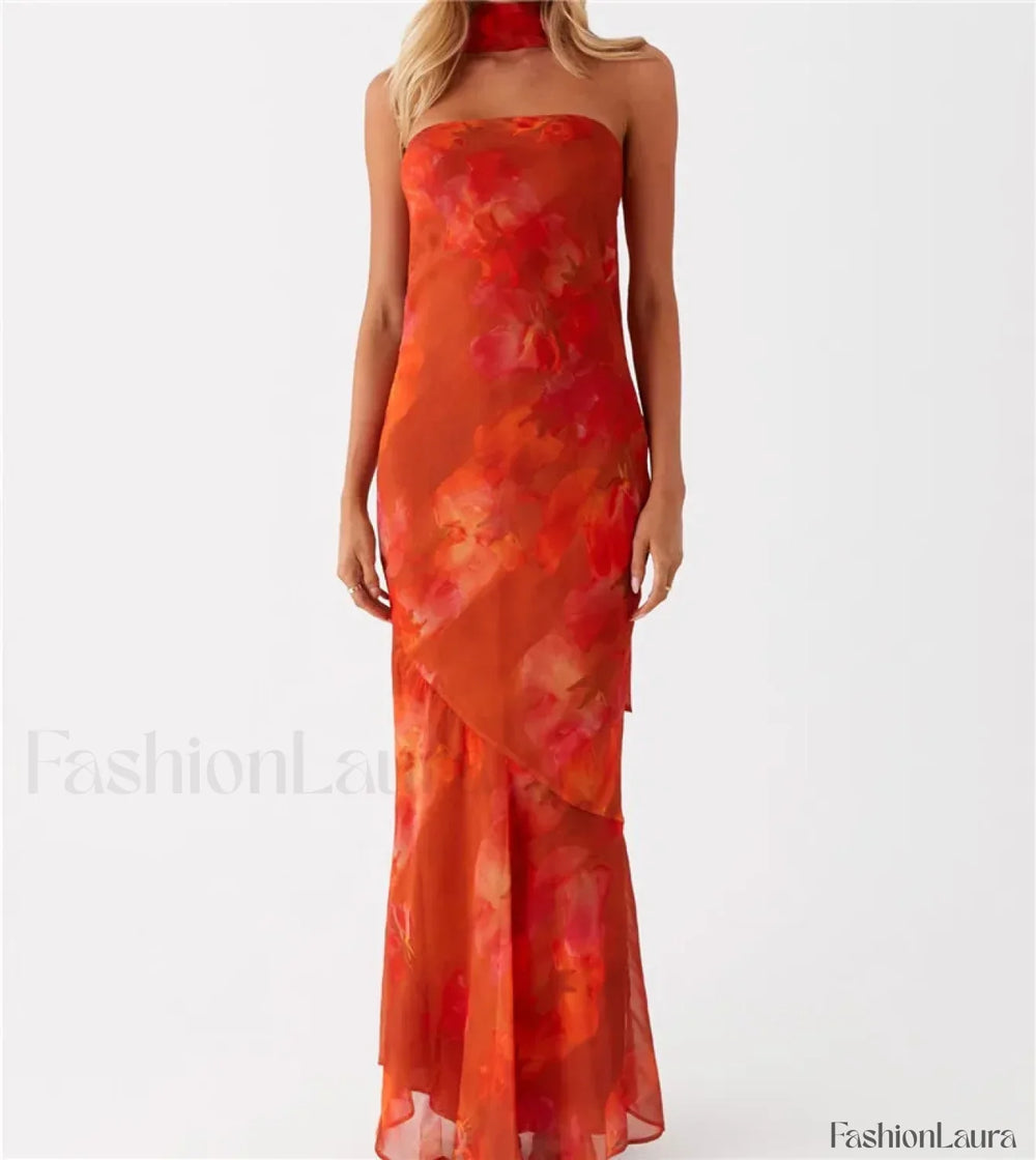 Sexy Backless Mesh Floral Dress orange / S