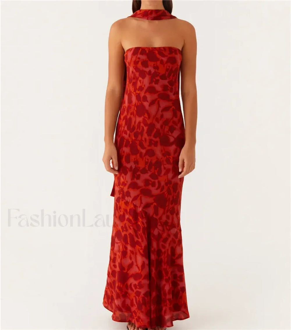 Sexy Backless Mesh Floral Dress red / S