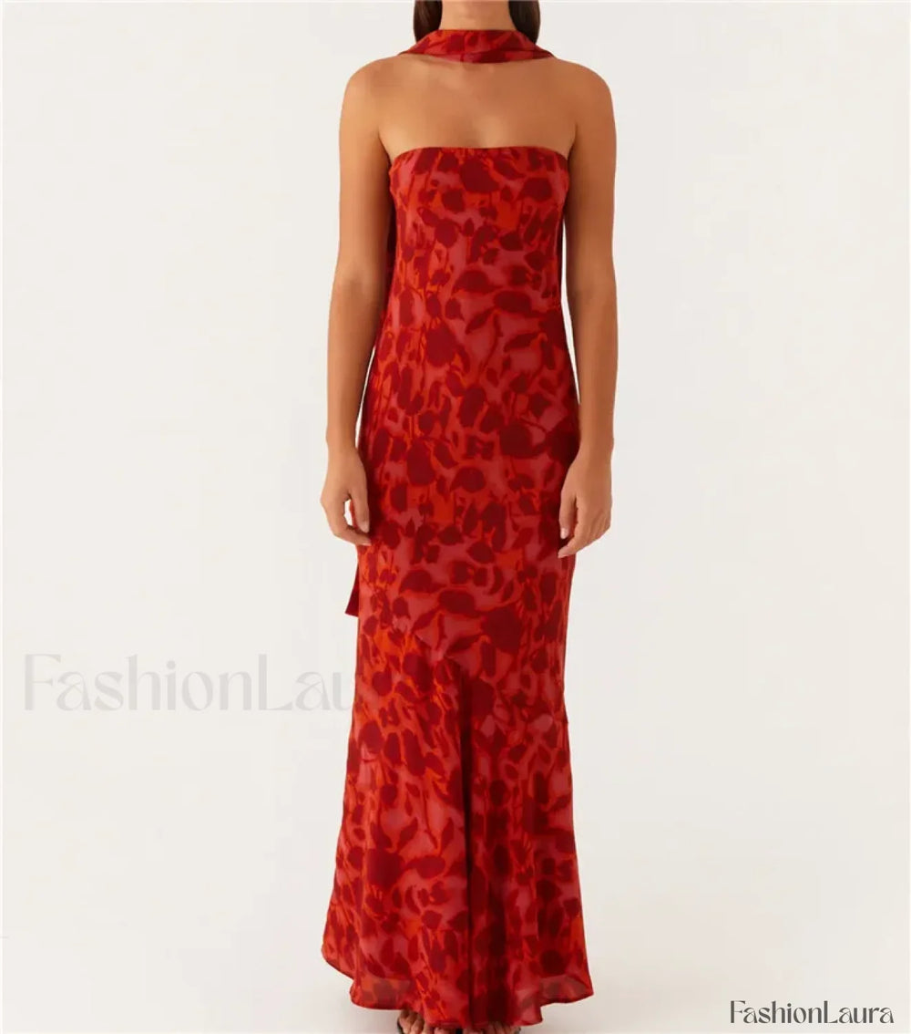 Sexy Backless Mesh Floral Dress red / S