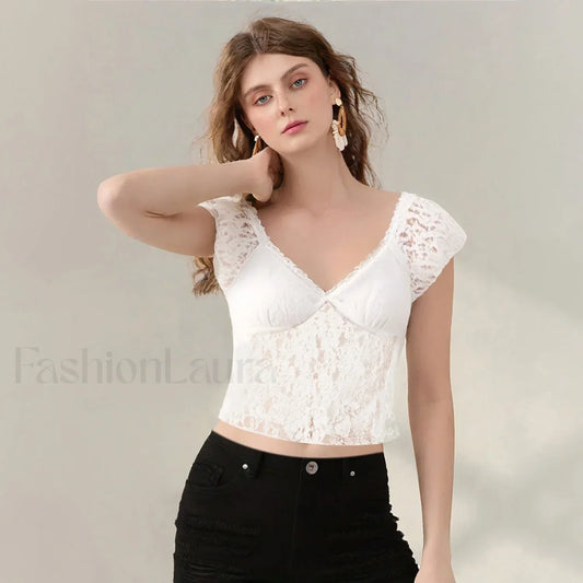 Sexy Cap Sleeve Lace Crop Top T Shirt WHITE / S