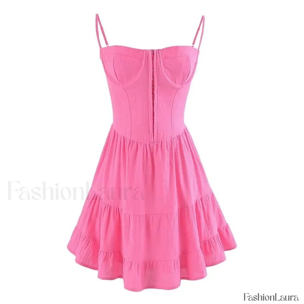 Sexy Deep V neck Striped Women’s 2024 New Waist Lace up Ruffle Edge Skinny Mini Dress Rose Red / S