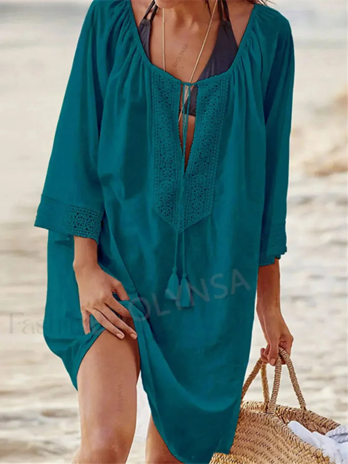 Sexy Kaftan Cotton Pareo Cover Up Peacock Blue / One Size