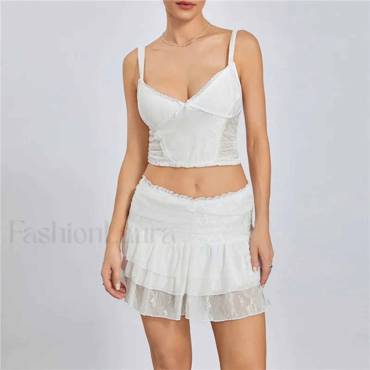 Sexy Lace Trim Sleeveless Crop Cami Mini Skirt Two Piece Set