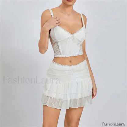 Sexy Lace Trim Sleeveless Crop Cami Mini Skirt Two Piece Set