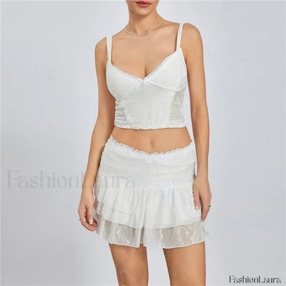 Sexy Lace Trim Sleeveless Crop Cami Mini Skirt Two Piece Set
