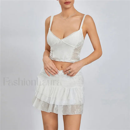 Sexy Lace Trim Sleeveless Crop Cami Mini Skirt Two Piece Set