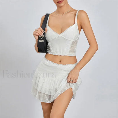 Sexy Lace Trim Sleeveless Crop Cami Mini Skirt Two Piece Set