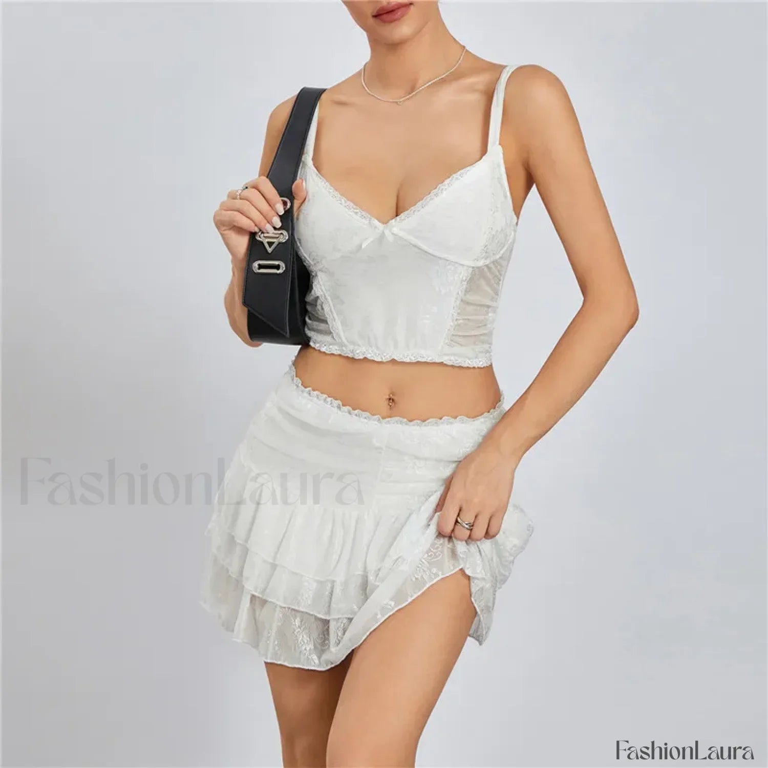 Sexy Lace Trim Sleeveless Crop Cami Mini Skirt Two Piece Set