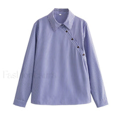 Sexy Lapel Oblique Open Off Shoulder Striped Loose Blouse BLUE / S