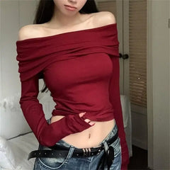 Sexy Off Shoulder Long Sleeve Red Slim Fit Crop Top