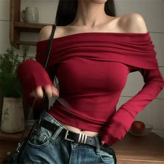 Sexy Off Shoulder Long Sleeve Red Slim Fit Crop Top Red / S
