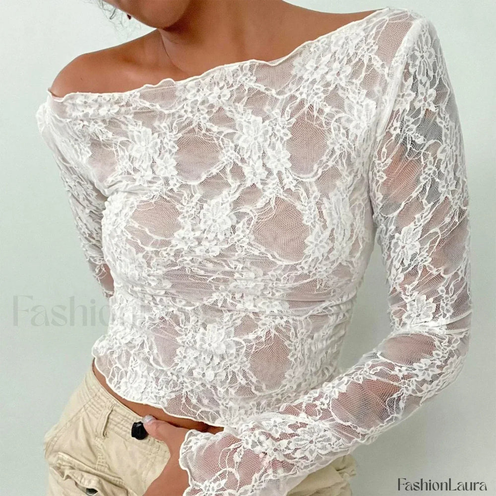 Sexy Off Shoulder See Through Lace Long Sleeve Crop Top