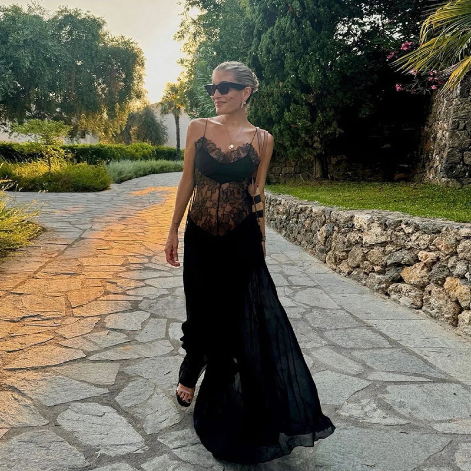 Sexy Perspective High Waist Slim Fit Strappy Two Piece Maxi Dress