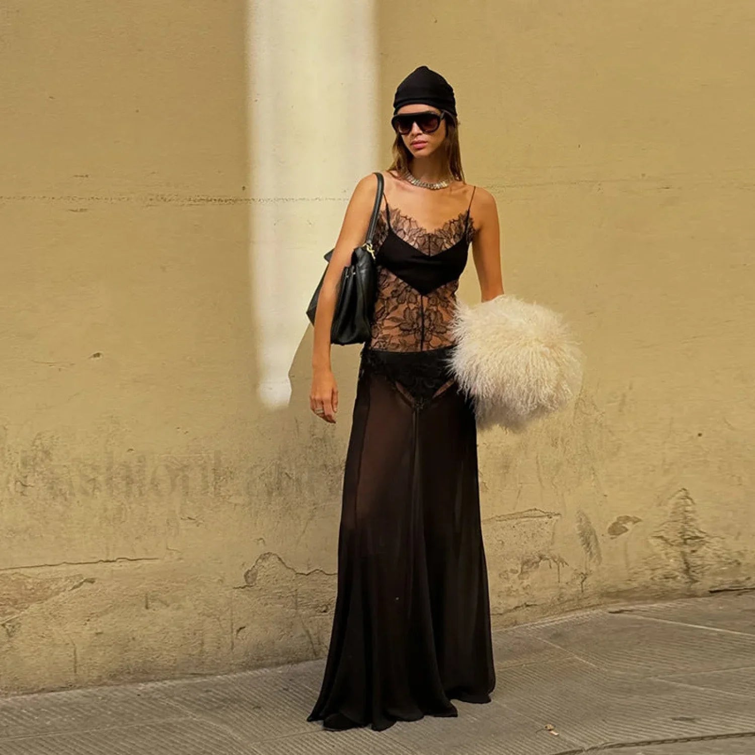 Sexy Perspective High Waist Slim Fit Strappy Two Piece Maxi Dress Black / S