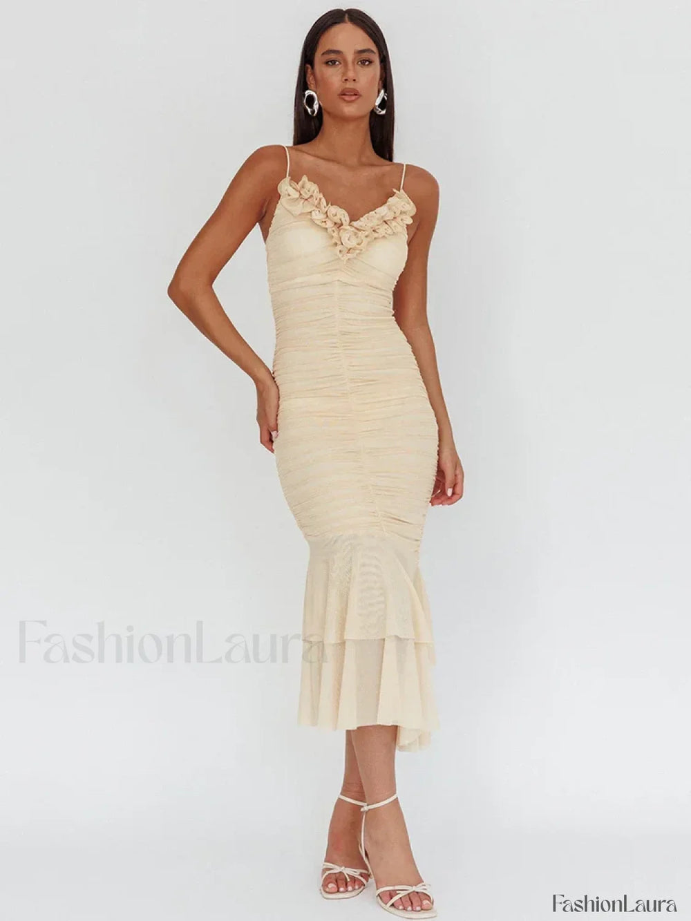 Sexy Rose V Neck Floral Dress APRICOT / S