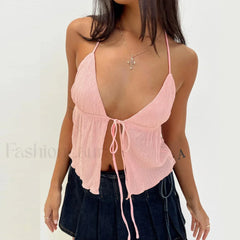 Sexy Sleeveless Backless Solid Color Bandage Crop Top pink / S