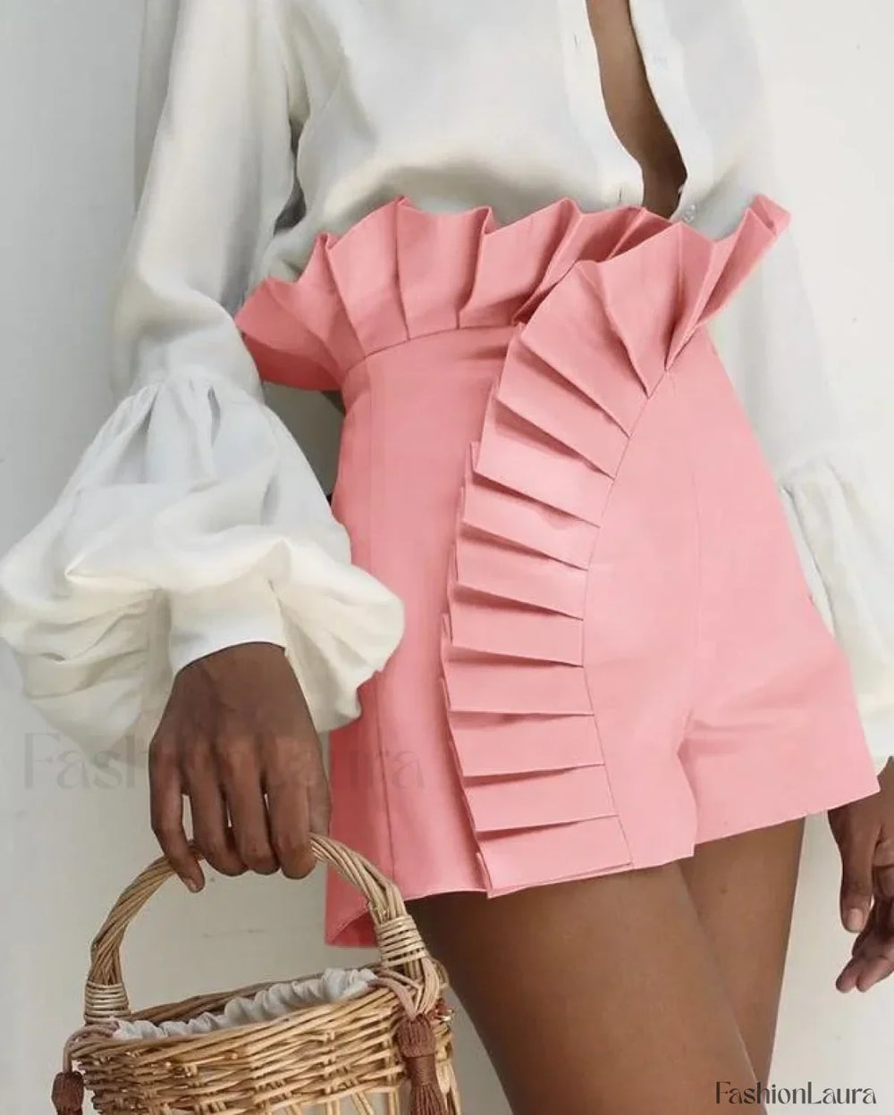 Sexy Solid Color High Street Ruffled High Waist Short Pink / S