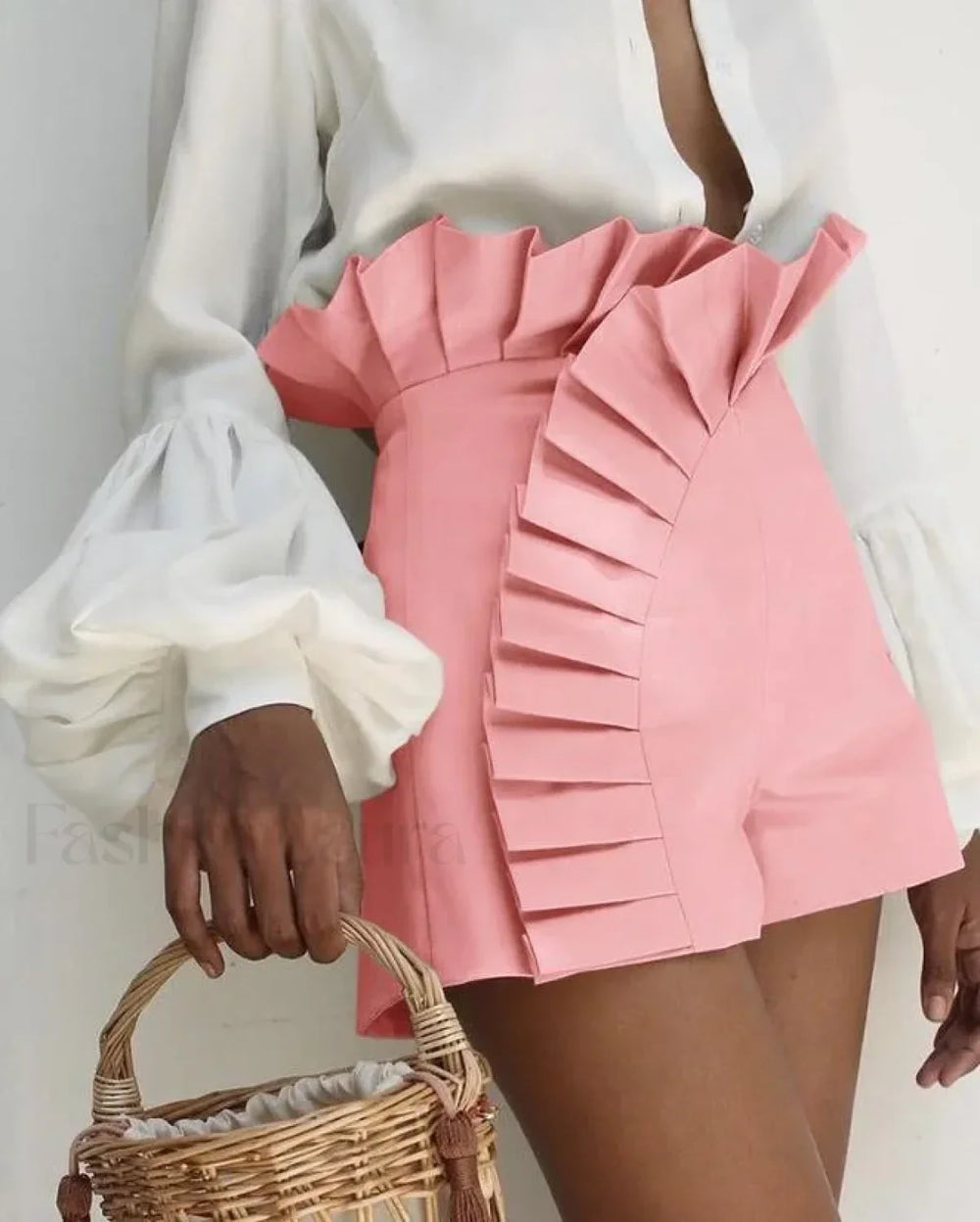 Sexy Solid Color High Street Ruffled High Waist Short Pink / S