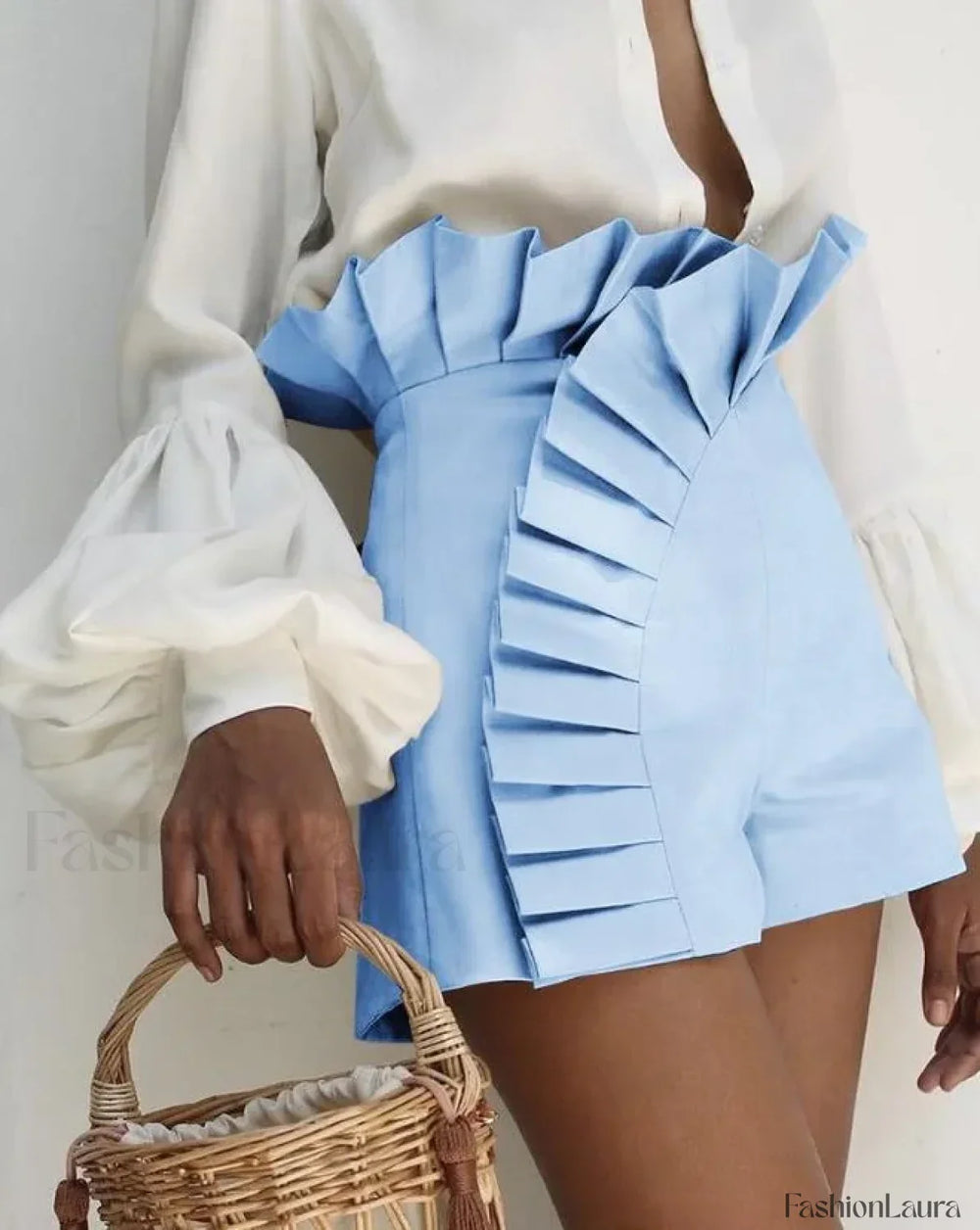 Sexy Solid Color High Street Ruffled High Waist Short SKY BLUE / S