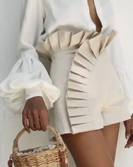 Sexy Solid Color High Street Ruffled High Waist Short white / S