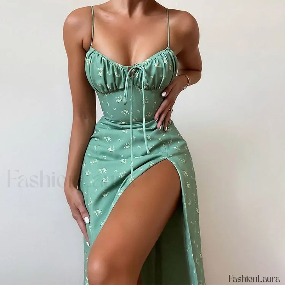 Sexy Strapless Lace up High Waist Flower Print Split Midi Dress New Green / S