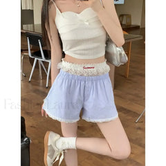 Sexy Striped Embroidered Lace Button Elastic Waist Short