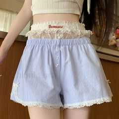 Sexy Striped Embroidered Lace Button Elastic Waist Short