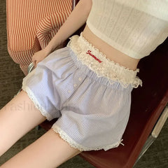 Sexy Striped Embroidered Lace Button Elastic Waist Short