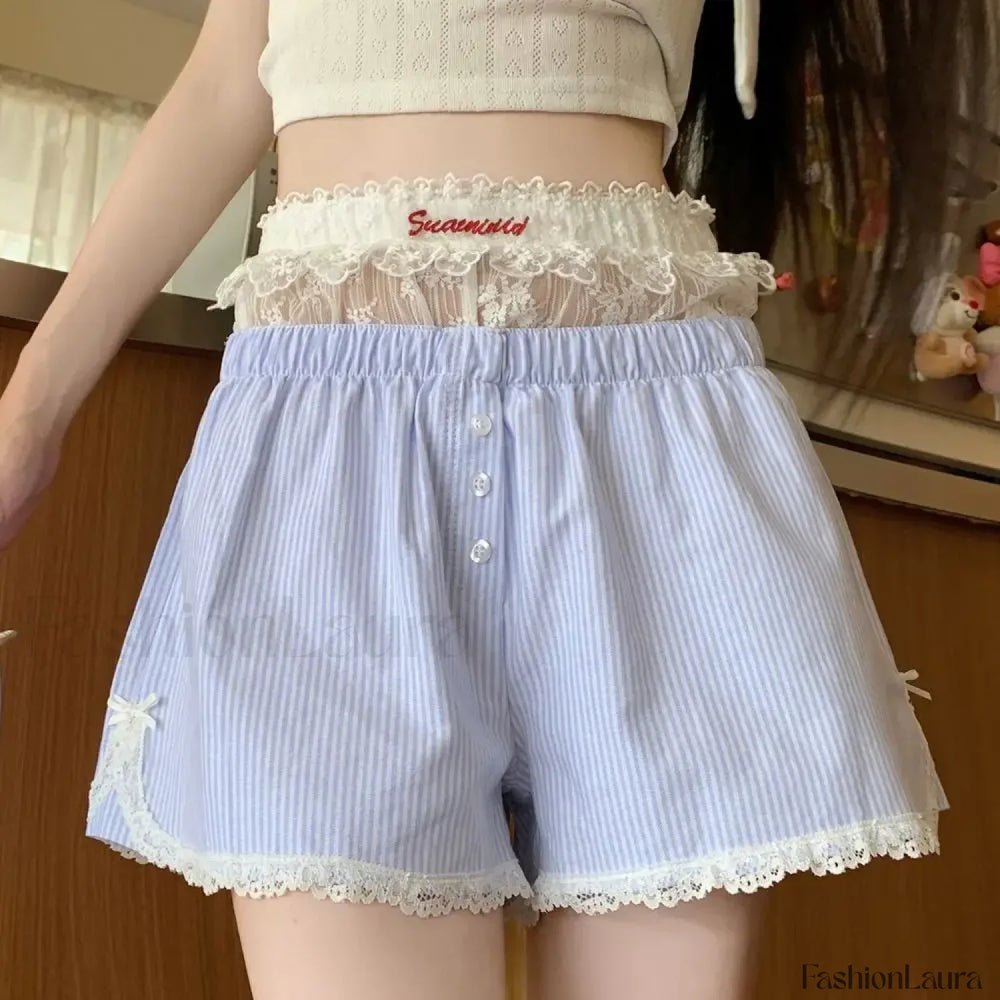 Sexy Striped Embroidered Lace Button Elastic Waist Short