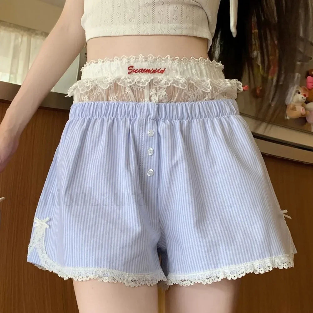 Sexy Striped Embroidered Lace Button Elastic Waist Short Blue Striped Shorts / S
