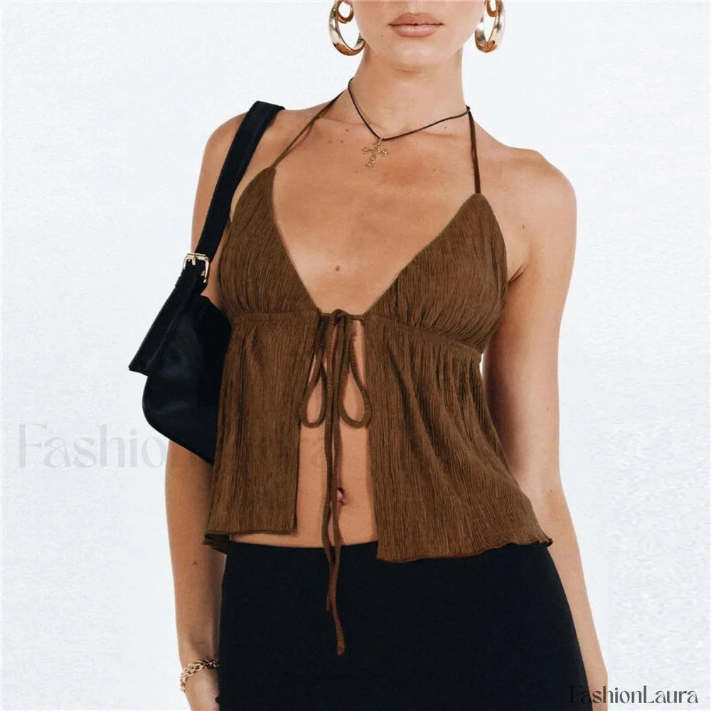 Sexy Summer Bowknot Lace Up Cropped Vest Top Brown / S