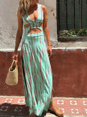 Sexy V Neck Backless Boho Dress Blue / S