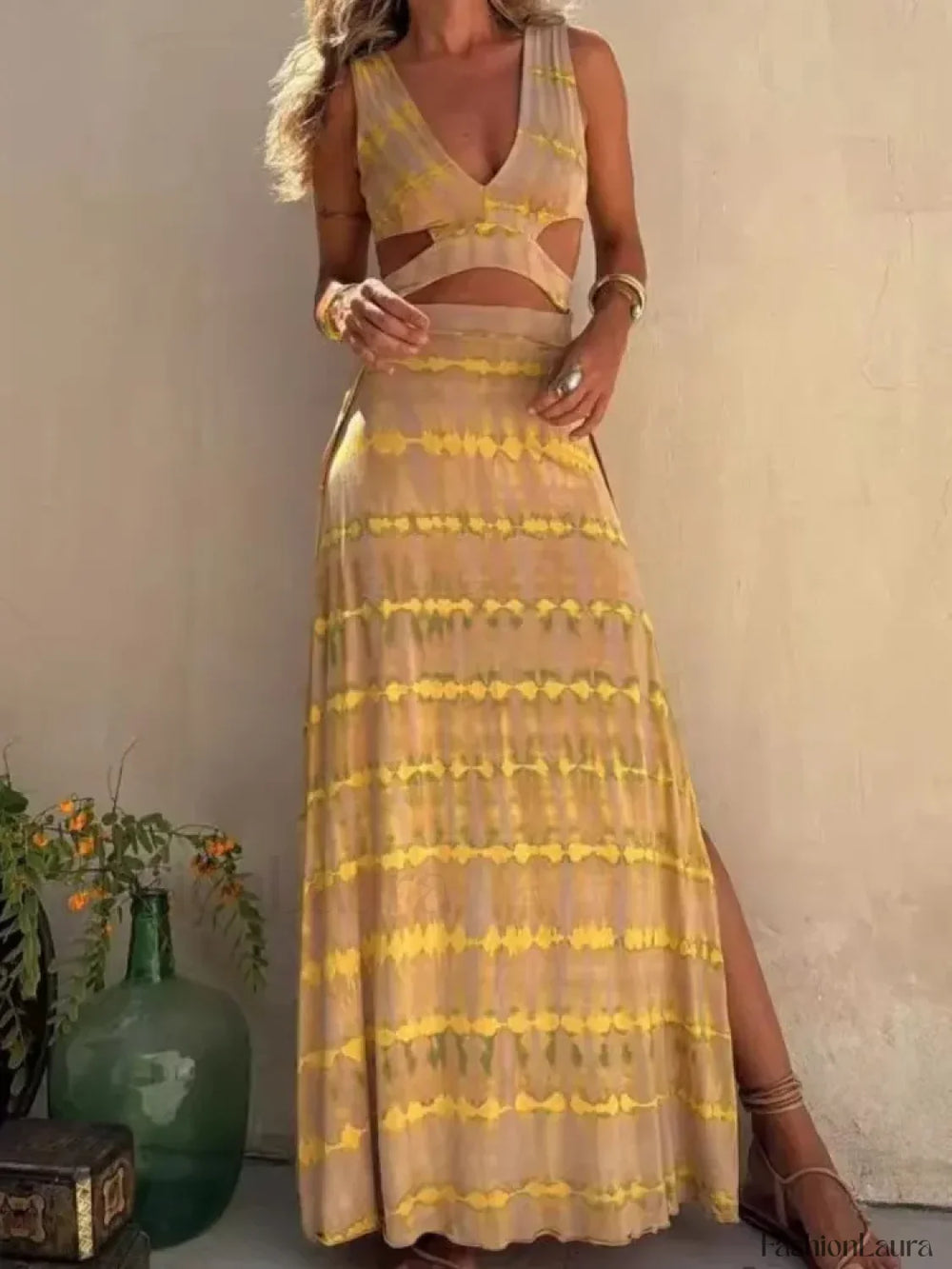 Sexy V Neck Backless Boho Dress Yellow / S