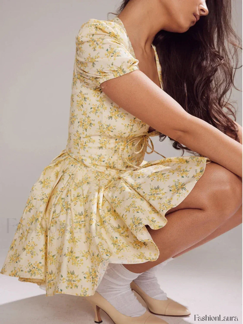 Sexy V Neck Puff Sleeve Tulle Floral Dress