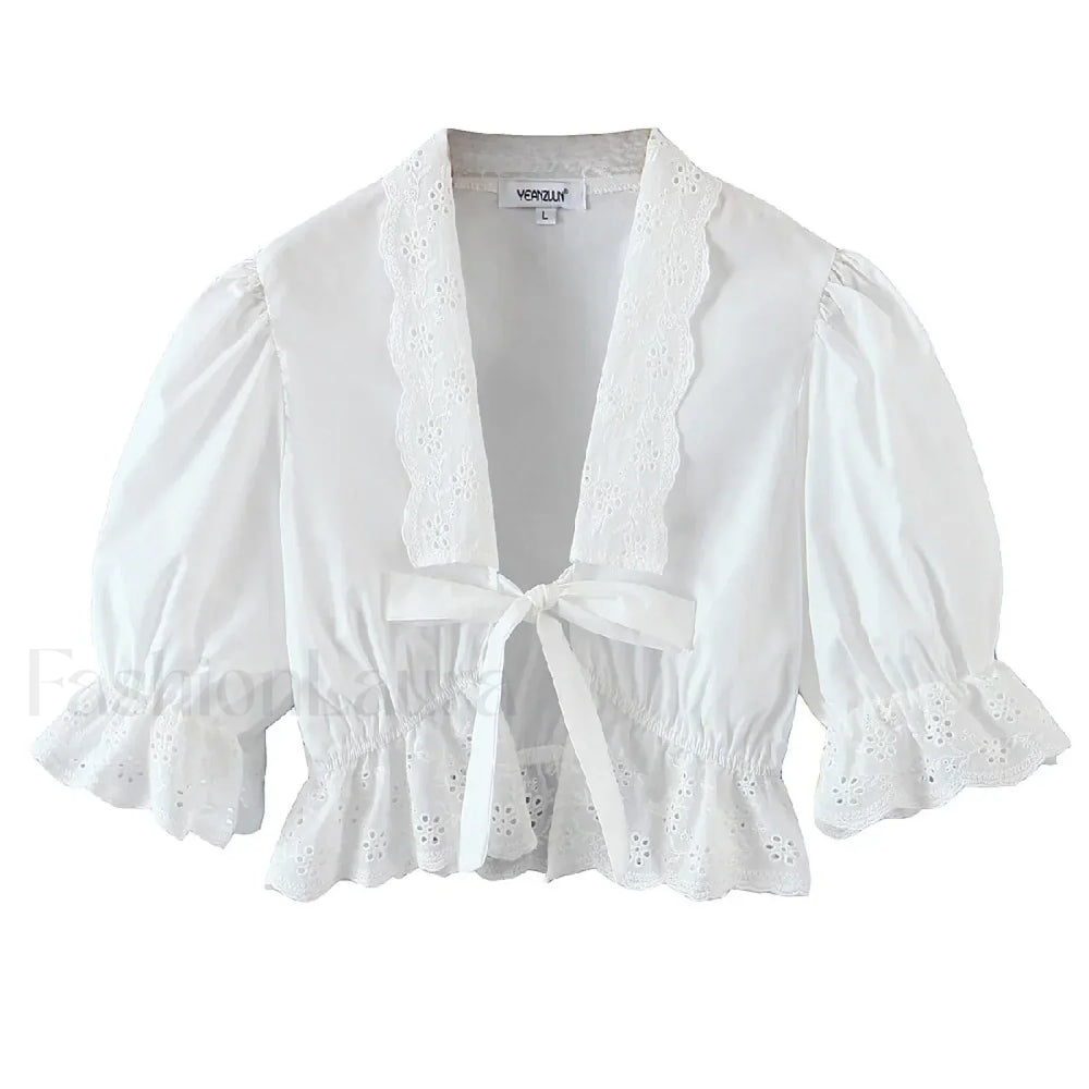 Sexy White Flower Sleeve Cropped Bow Tops Blouse WHITE / S
