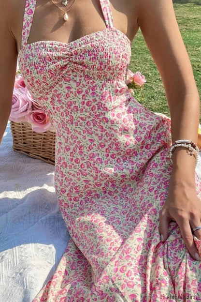Sexy Wind Neck Sleeveless High Waist Backless A Line Floral Dress