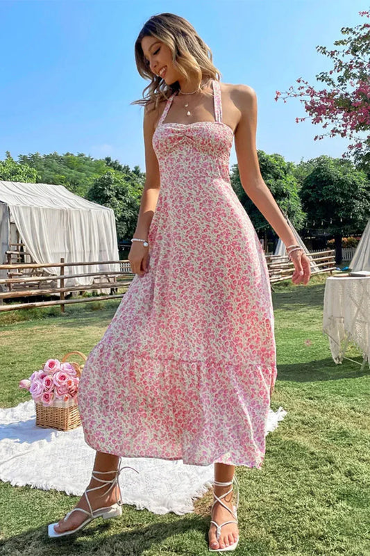 Sexy Wind Neck Sleeveless High Waist Backless A Line Floral Dress Pink / S