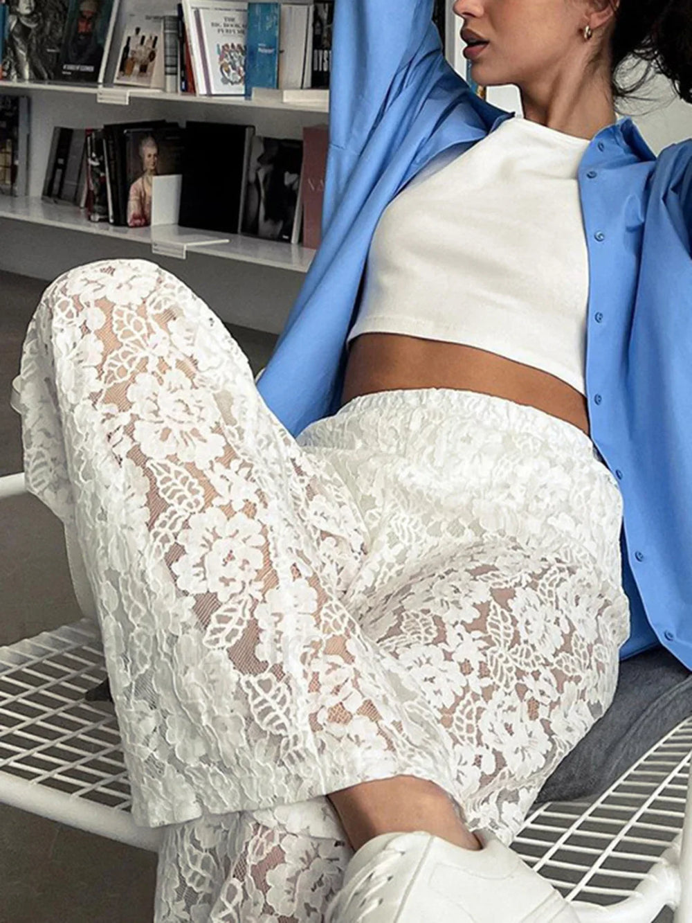 Sheer Lace Graceful Wide Leg Pants Pants