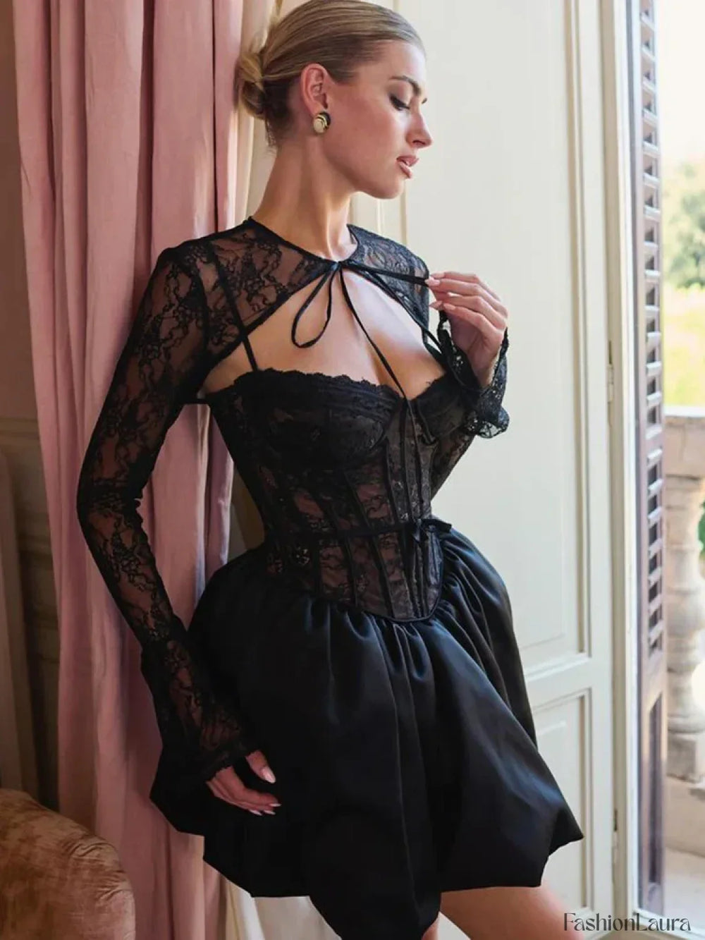 Sheer Lace Two Piece Mini Dress Black / S