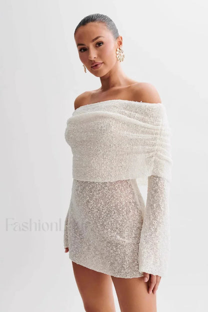 Sheer Long Sleeve Off Shoulder Knit Work Dress