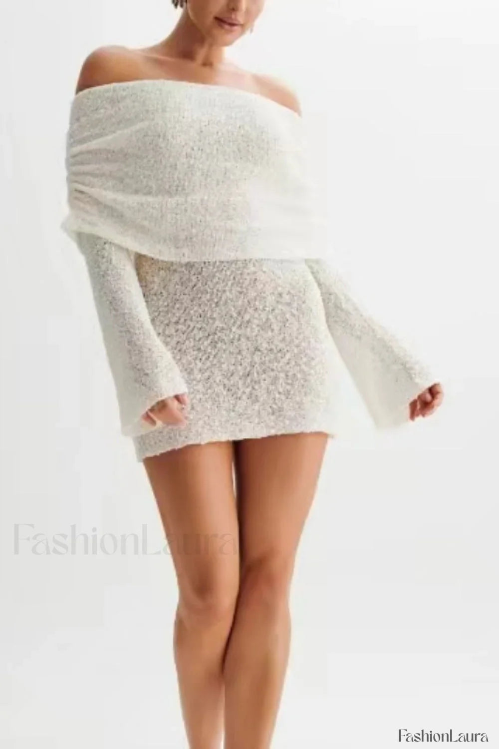 Sheer Long Sleeve Off Shoulder Knit Work Dress White / S