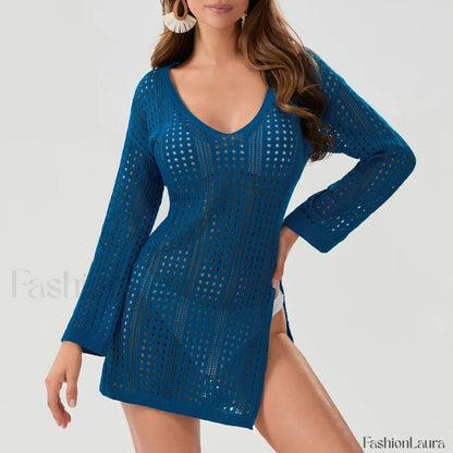 Sheer Long Sleeve Swimsuit Cover Up Blue / S