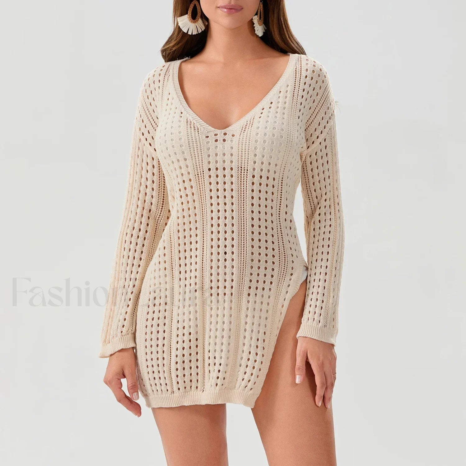 Sheer Long Sleeve Swimsuit Cover Up Khaki / S