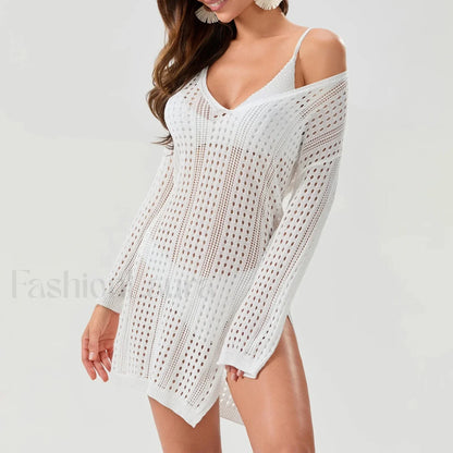 Sheer Long Sleeve Swimsuit Cover Up WHITE / S