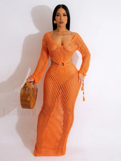 Sheer Long Sleeve Tunic Cover Up Orange / S