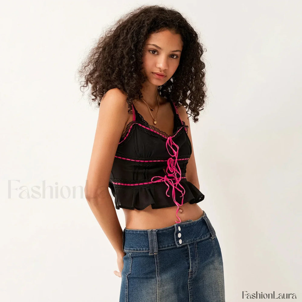 Sheer Mesh Lace Trim Crop Top