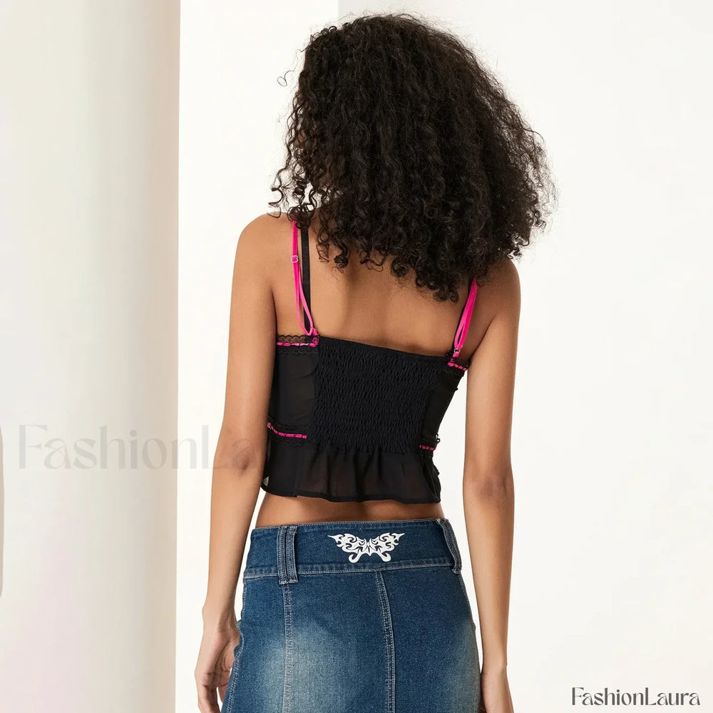 Sheer Mesh Lace Trim Crop Top