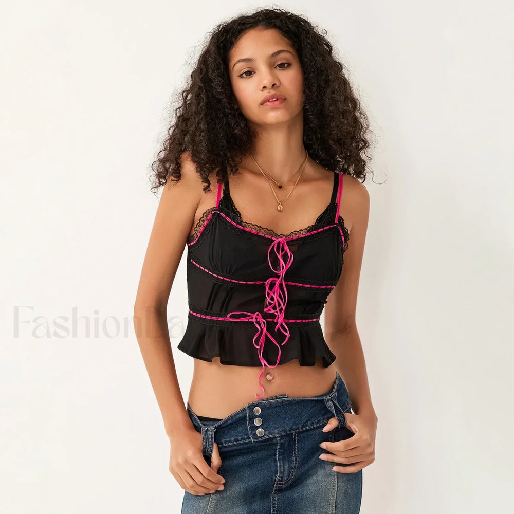 Sheer Mesh Lace Trim Crop Top Black / S