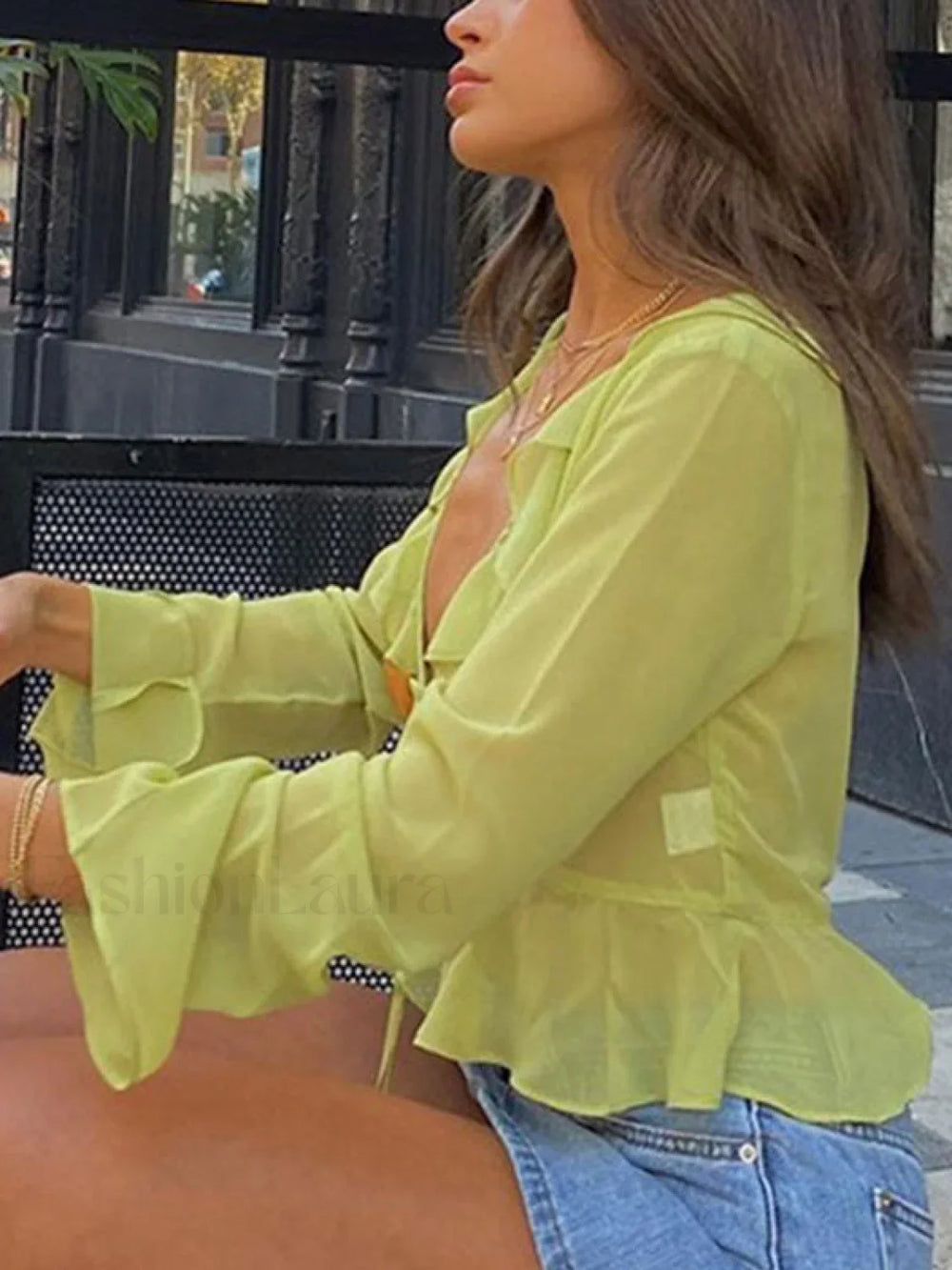 Sheer Mesh Ruffle Long Sleeve Crop Blouse Long Sleeves